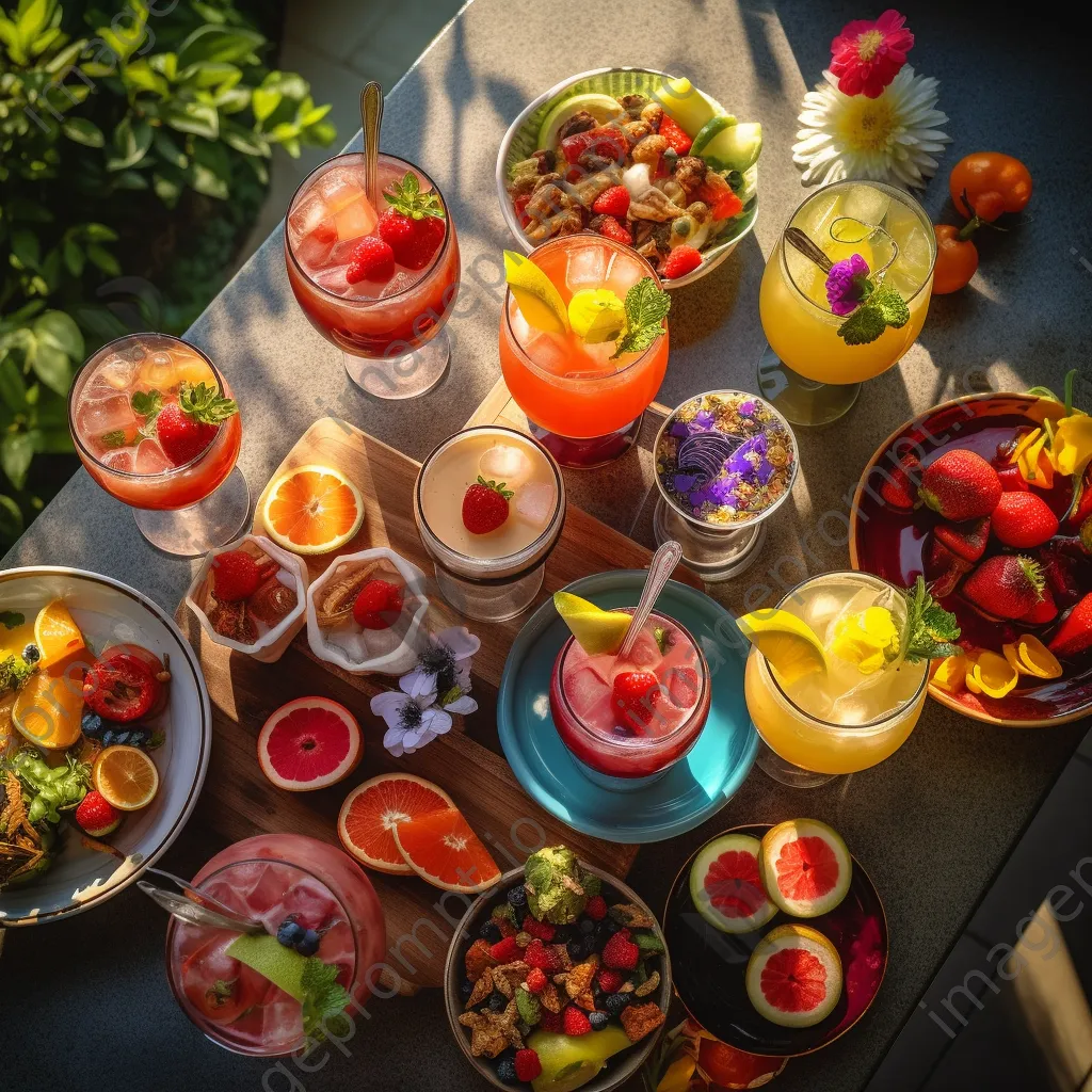 Overhead view of cocktails and appetizers on a garden table - Image 4