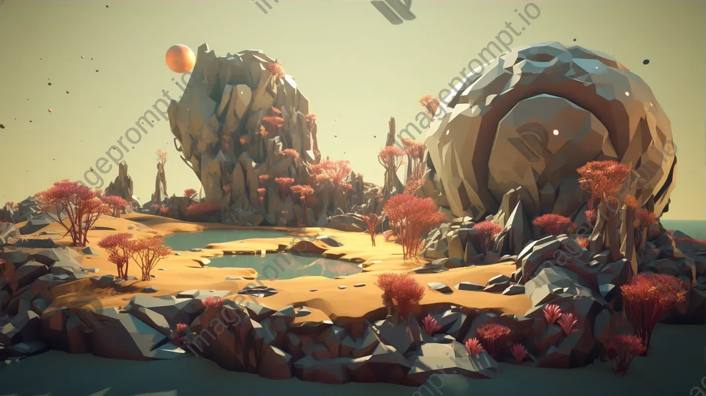 Low poly alien planet with diverse flora and fauna in Steampunk style with earthly tones - Image 3