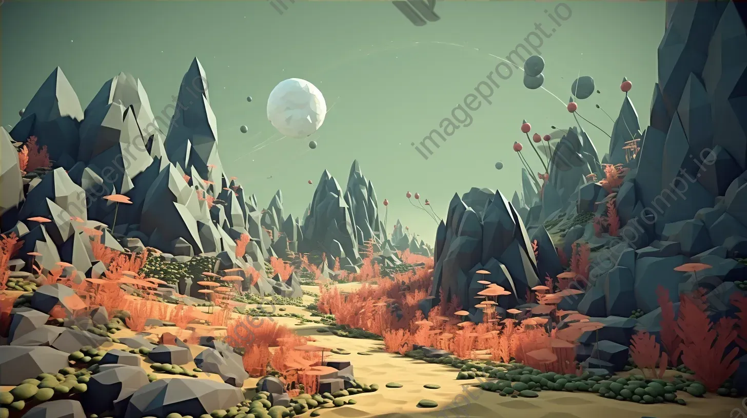 Low poly alien planet with diverse flora and fauna in Steampunk style with earthly tones - Image 4