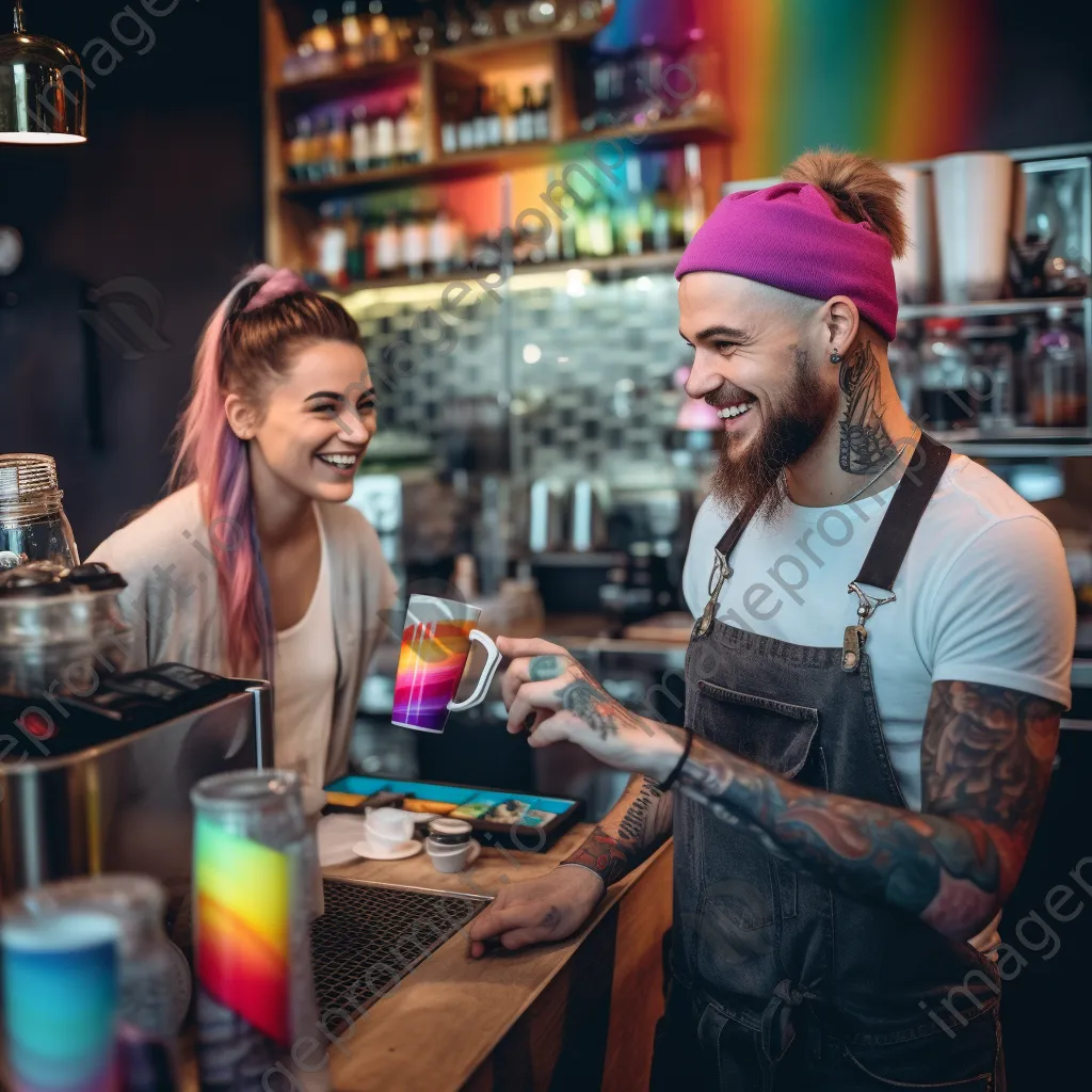 A barista serving colorful latte art to a happy customer in a café. - Image 1