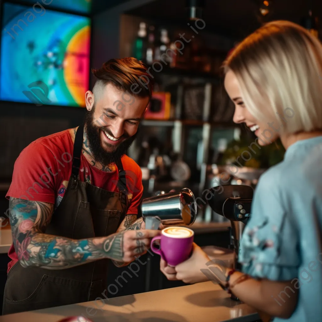 A barista serving colorful latte art to a happy customer in a café. - Image 2