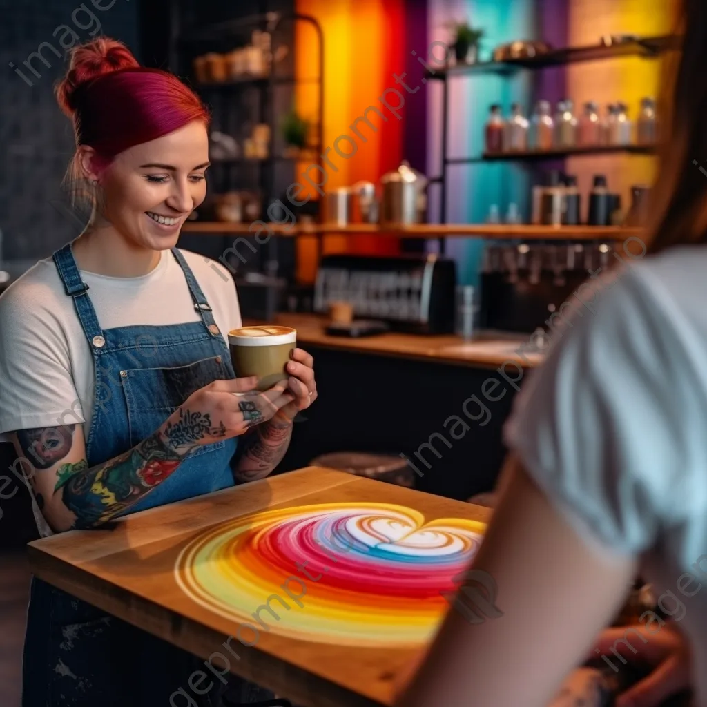 A barista serving colorful latte art to a happy customer in a café. - Image 3