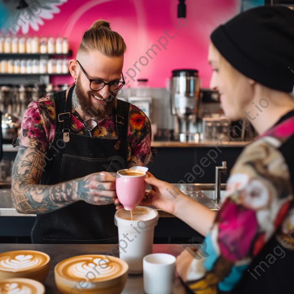 A barista serving colorful latte art to a happy customer in a café. - Image 4