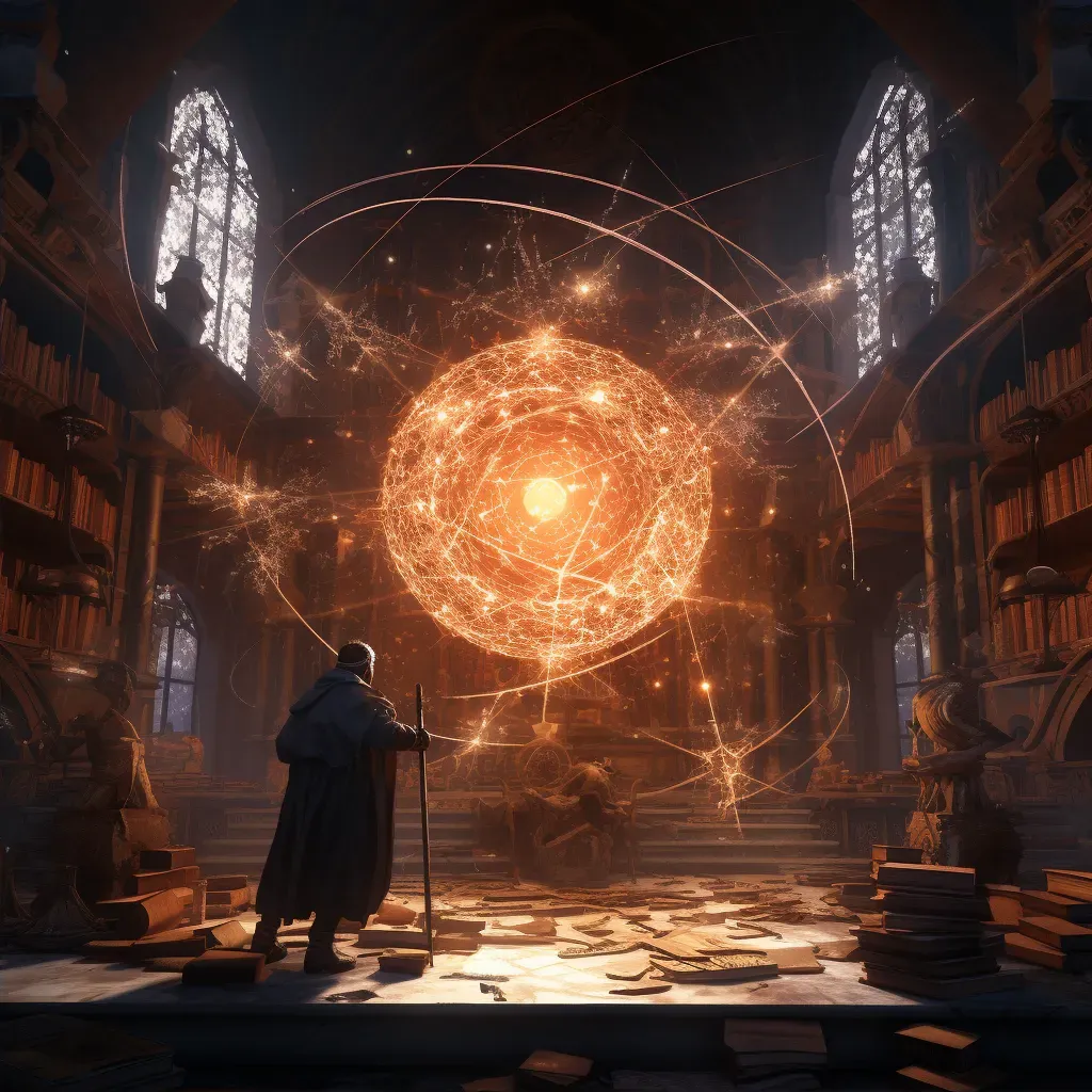 Ancient library with a sorcerer poring over illuminated tome - Image 2