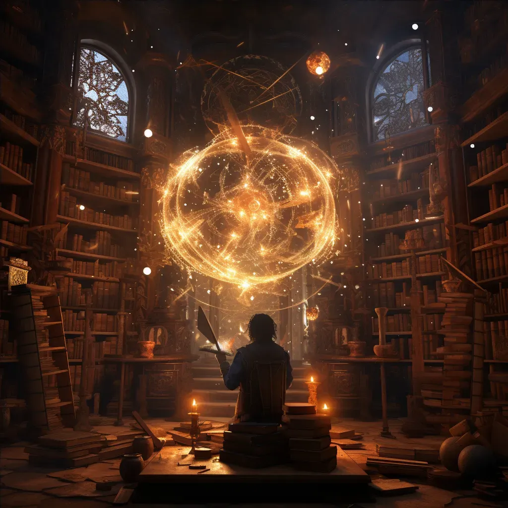 Ancient library with a sorcerer poring over illuminated tome - Image 4