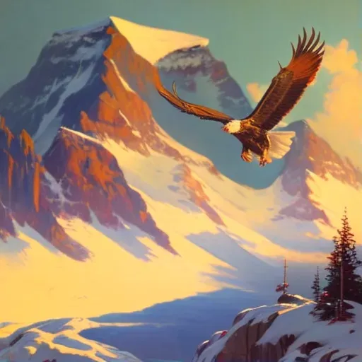 Lone eagle soaring above a snow-capped mountain range in an image generated by a prompt. - Image 1