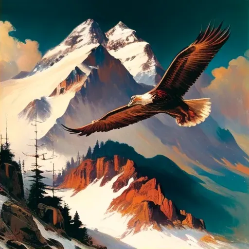 Lone eagle soaring above a snow-capped mountain range in an image generated by a prompt. - Image 2