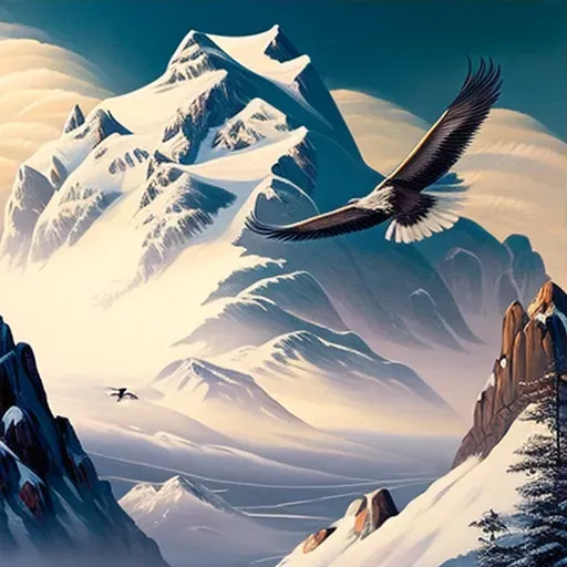 Lone eagle soaring above a snow-capped mountain range in an image generated by a prompt. - Image 3