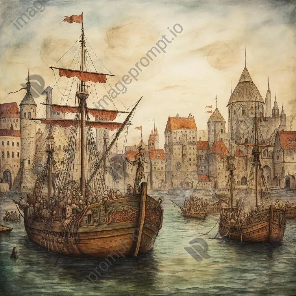 Lively medieval parchment painting of Viking harbor bustling with ships - Image 1