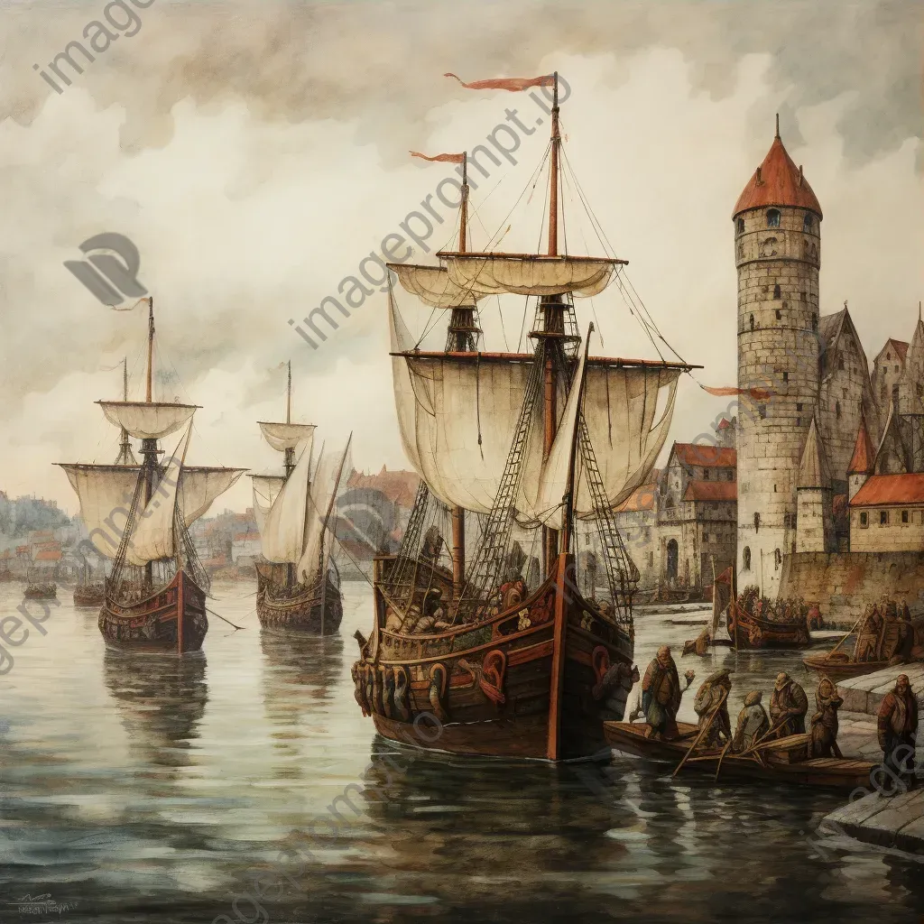 Lively medieval parchment painting of Viking harbor bustling with ships - Image 3