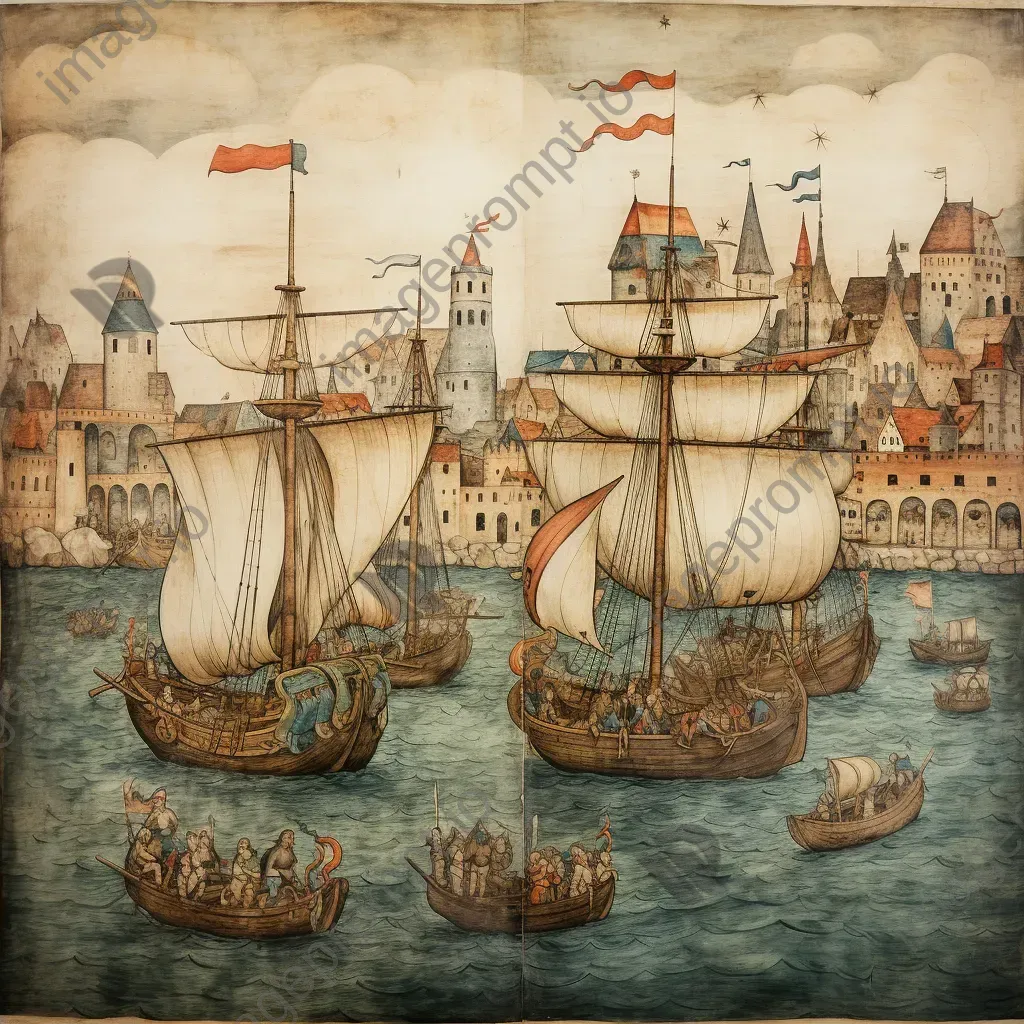 Lively medieval parchment painting of Viking harbor bustling with ships - Image 4