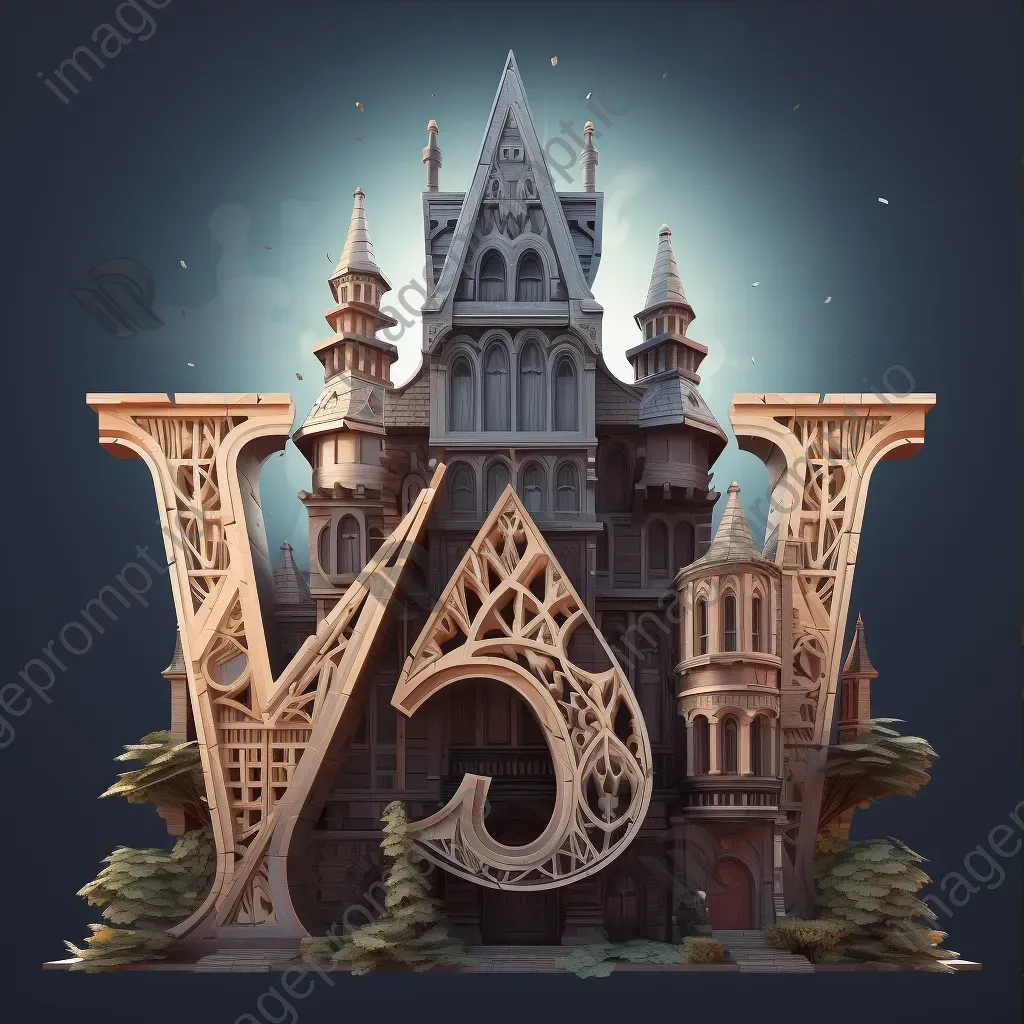 Word formed from gothic architecture elements depicted in twilight palette low poly style - Image 3