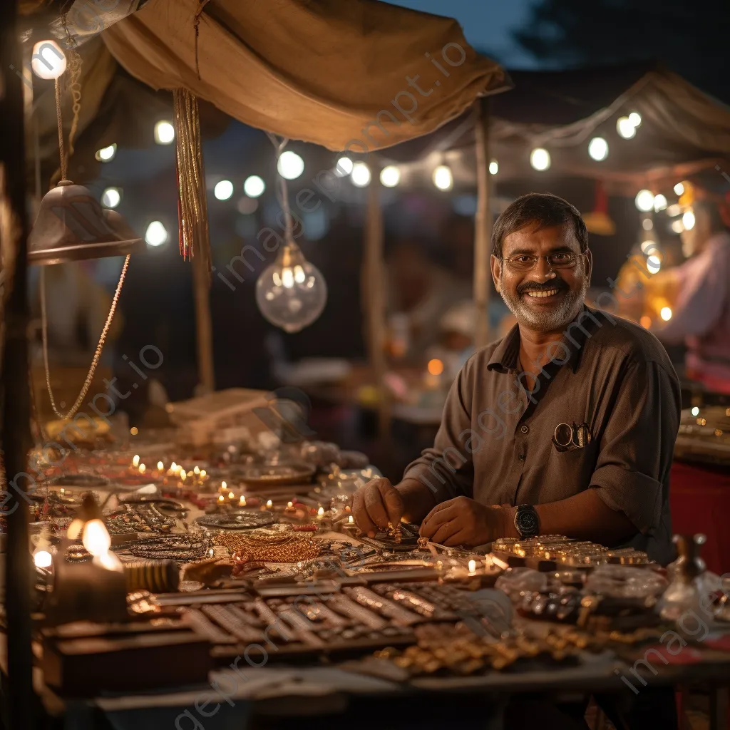 Artisan vendor displaying handmade jewelry and crafts in a vibrant bazaar illuminated with fairy lights. - Image 1