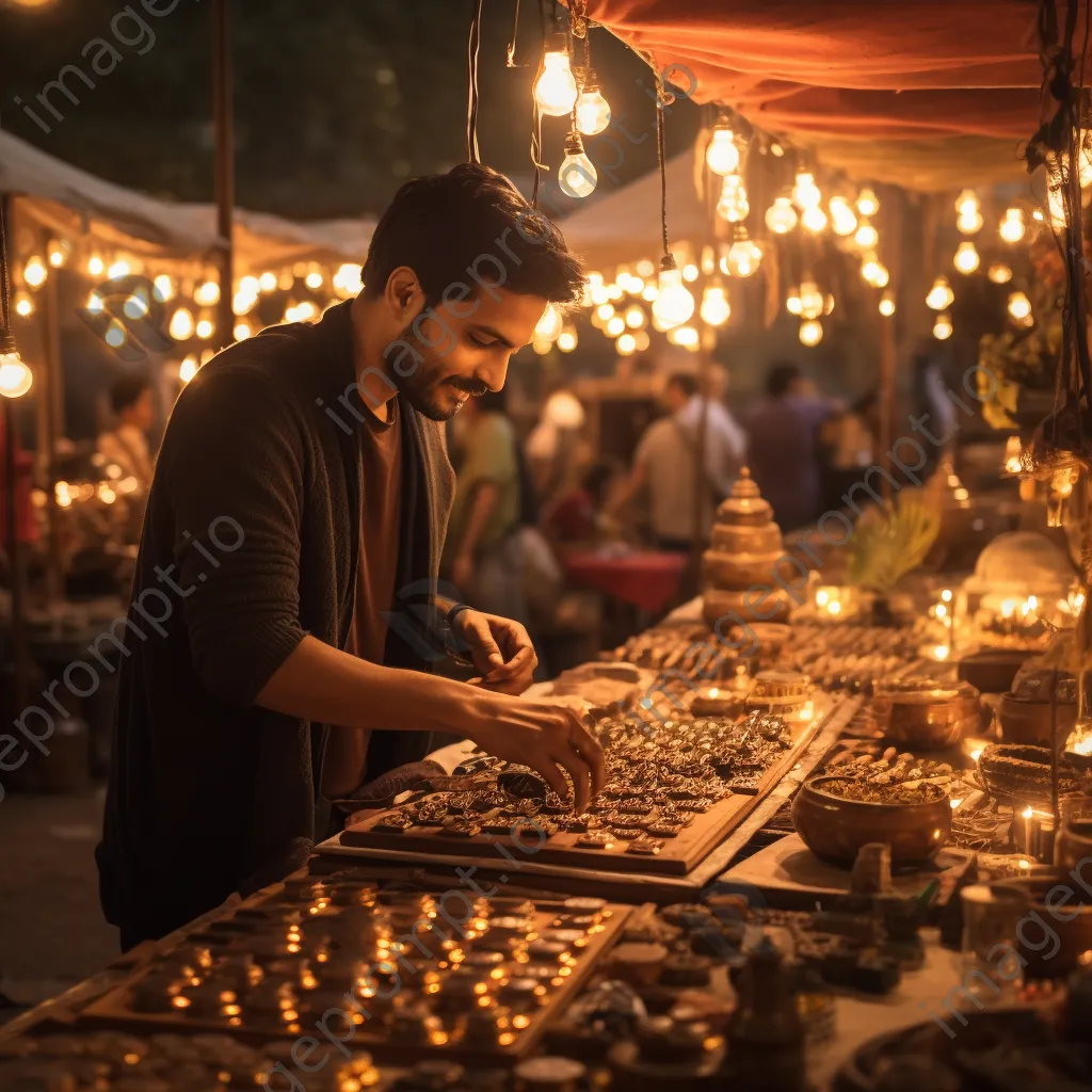 Artisan vendor displaying handmade jewelry and crafts in a vibrant bazaar illuminated with fairy lights. - Image 3