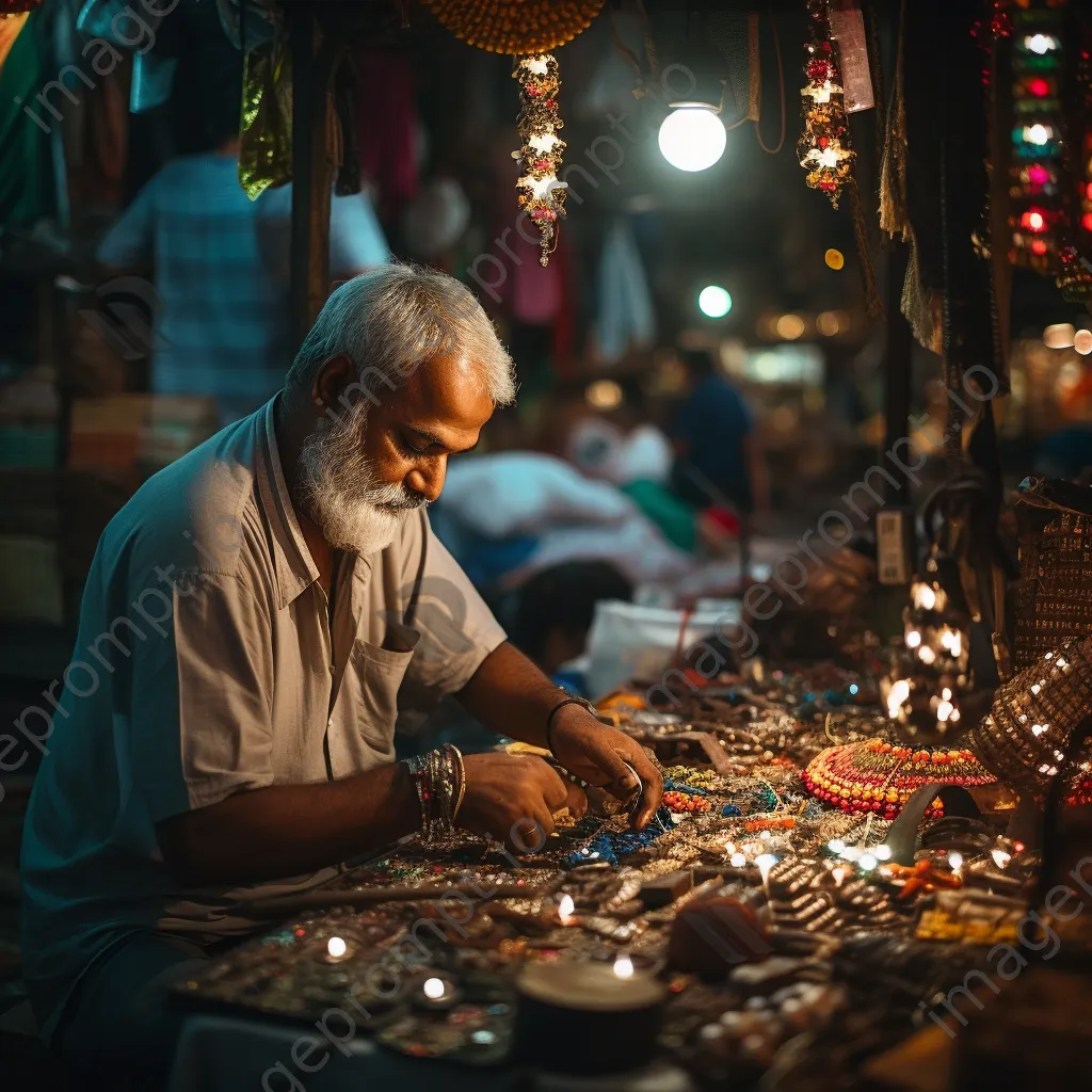 Artisan vendor displaying handmade jewelry and crafts in a vibrant bazaar illuminated with fairy lights. - Image 4