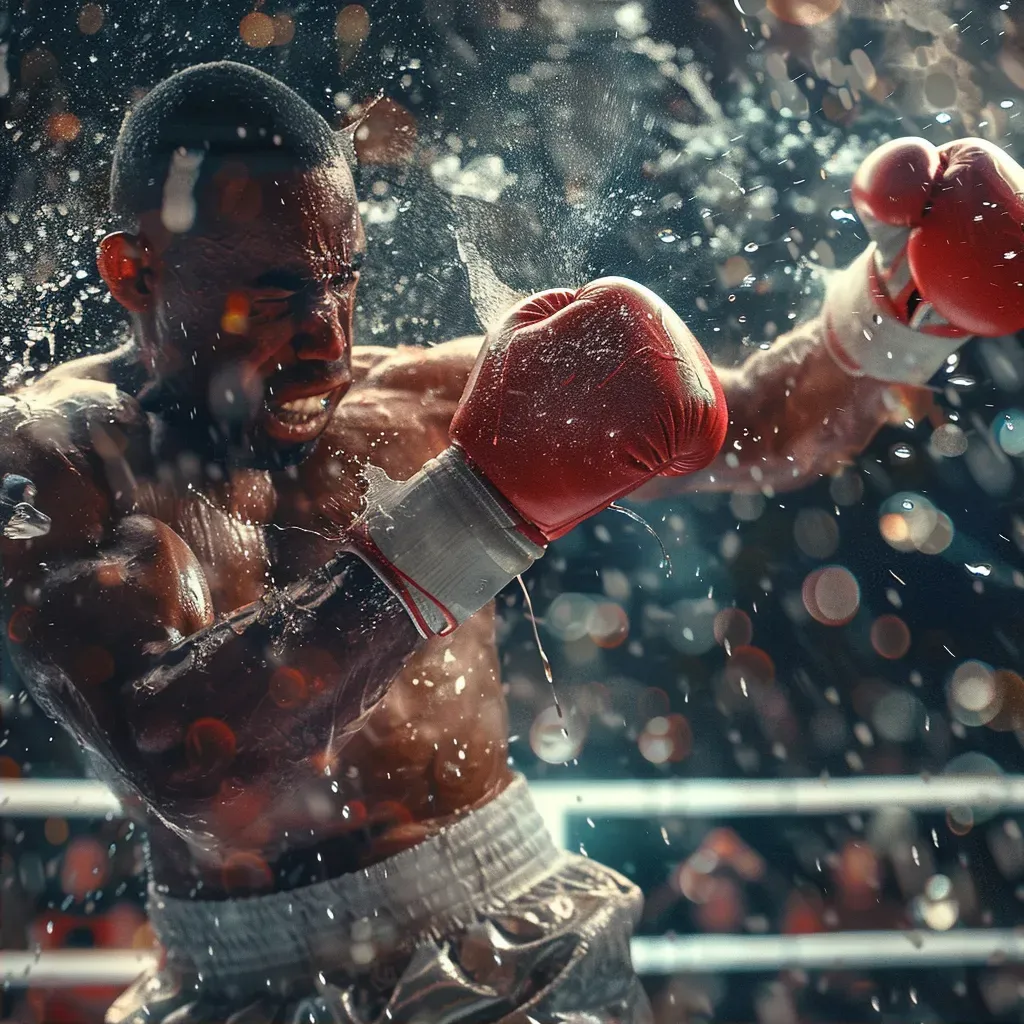 Boxer throwing a forceful punch in the ring with crowd in excitement - Image 2