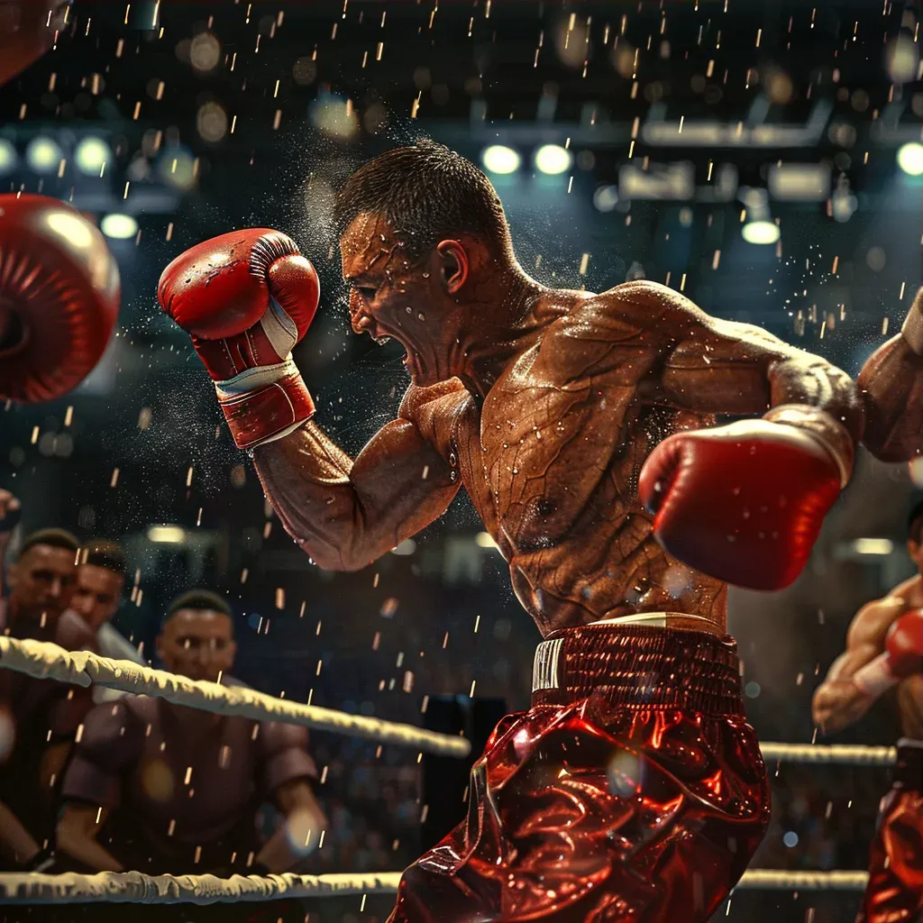 Boxer throwing a forceful punch in the ring with crowd in excitement - Image 3