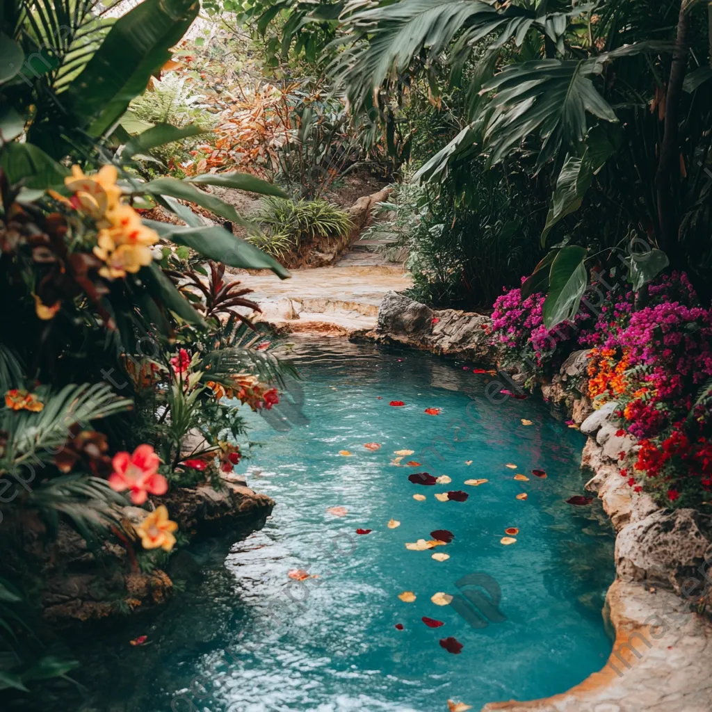 A geothermal pool surrounded by colorful flowers and lush plants. - Image 1