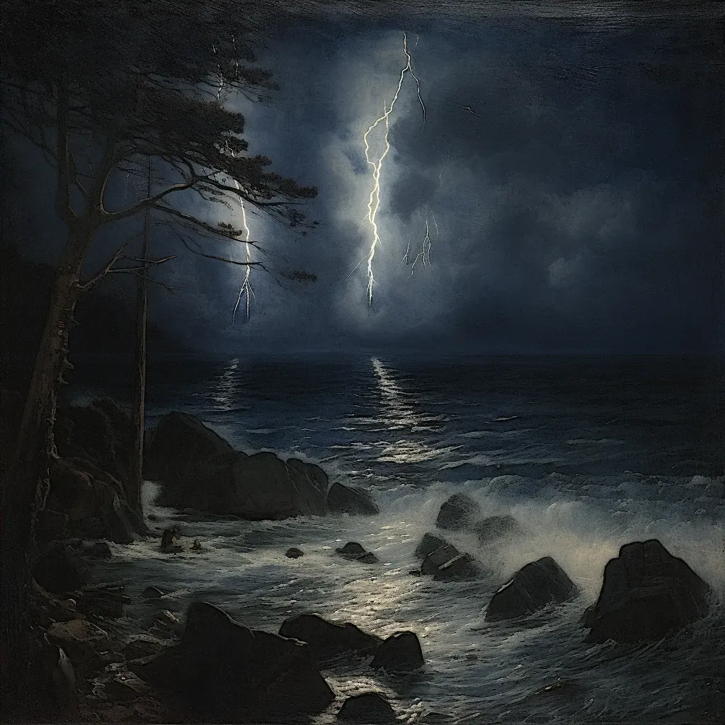 Lightning storm at sea, with jagged bolts illuminating the dark waters - Image 2