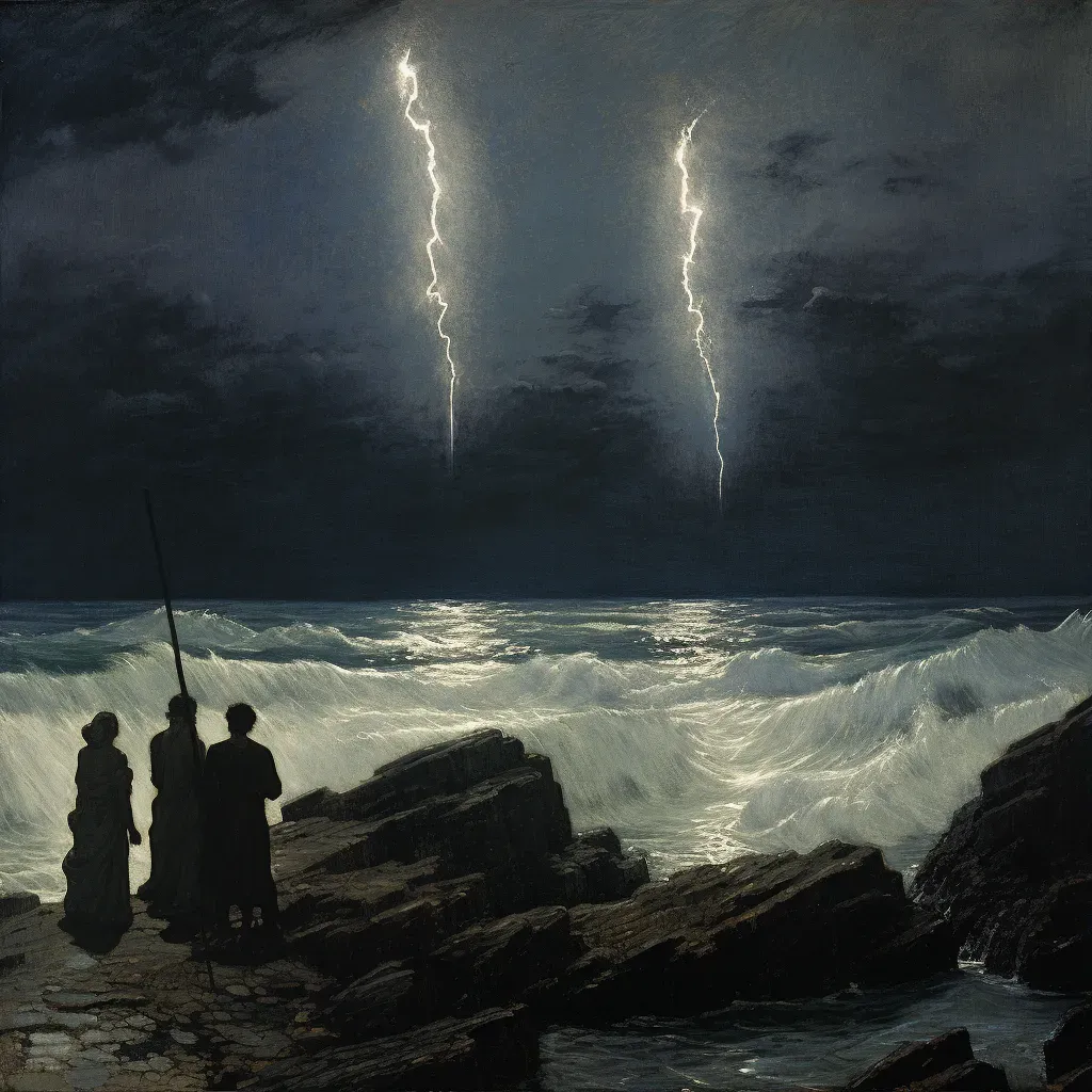 Lightning storm at sea, with jagged bolts illuminating the dark waters - Image 3