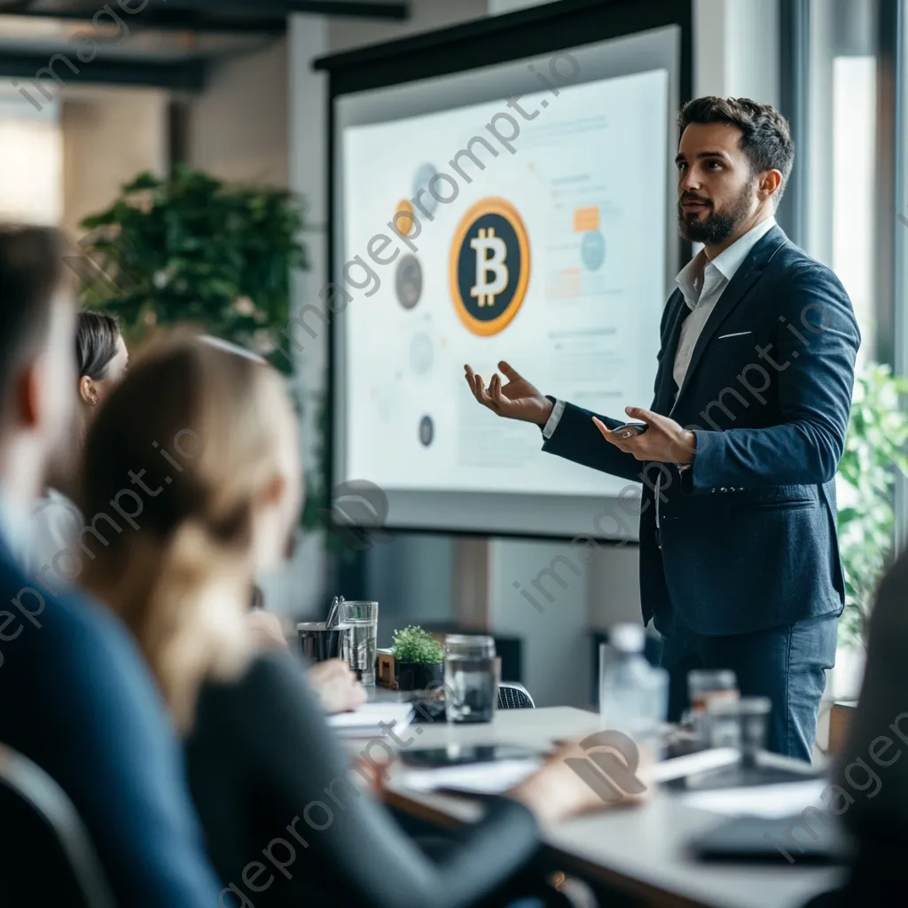 Entrepreneur presenting cryptocurrency options in conference room - Image 1