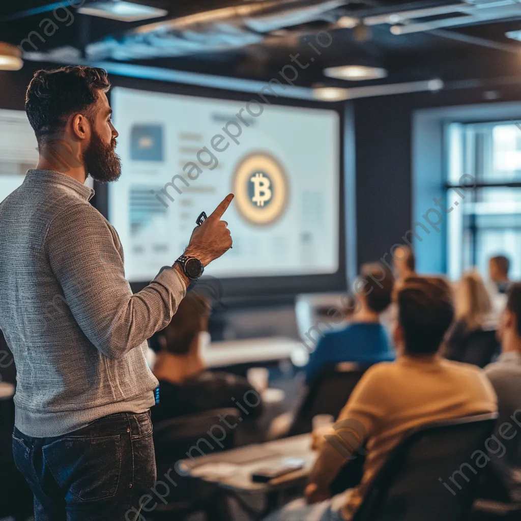 Entrepreneur presenting cryptocurrency options in conference room - Image 2