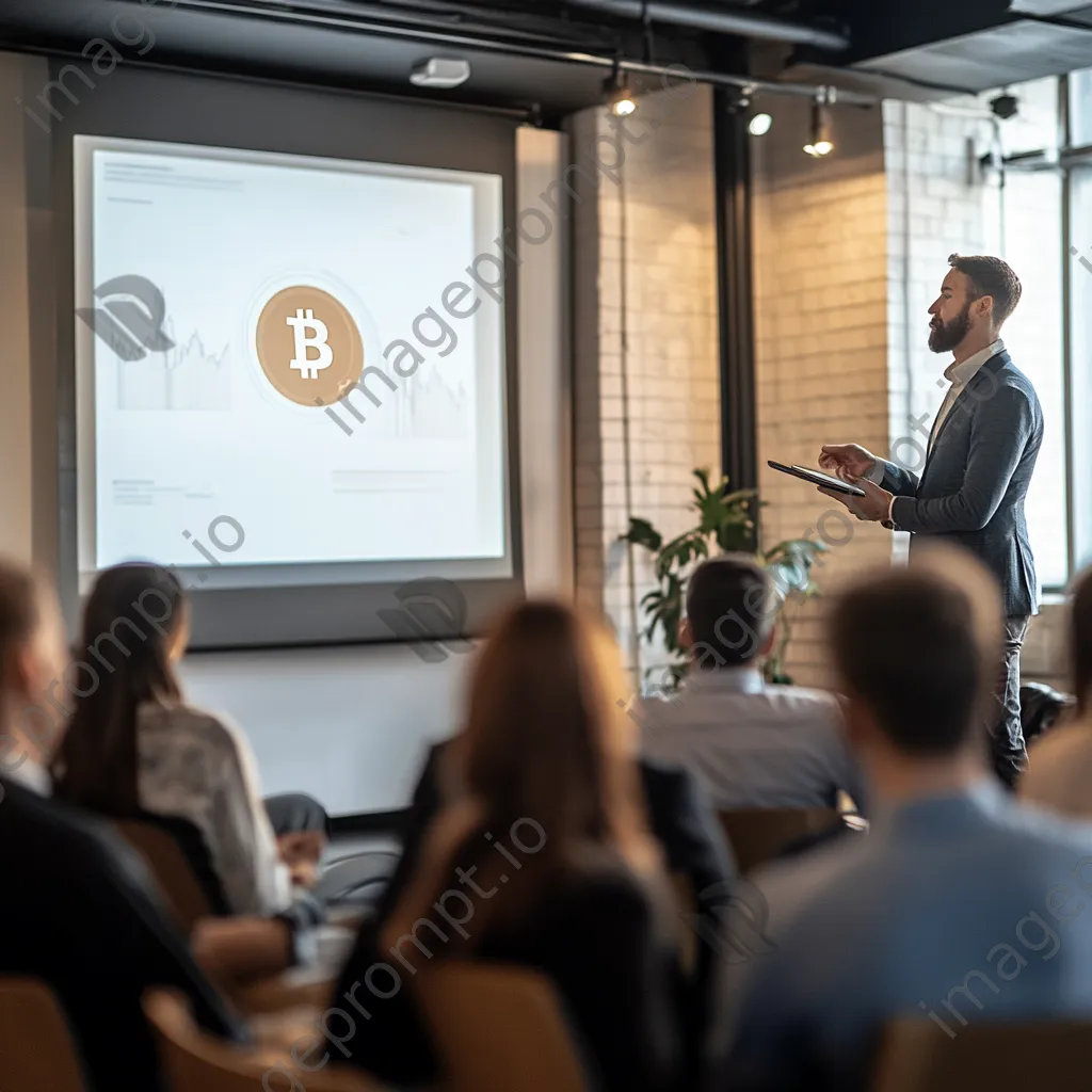 Entrepreneur presenting cryptocurrency options in conference room - Image 3