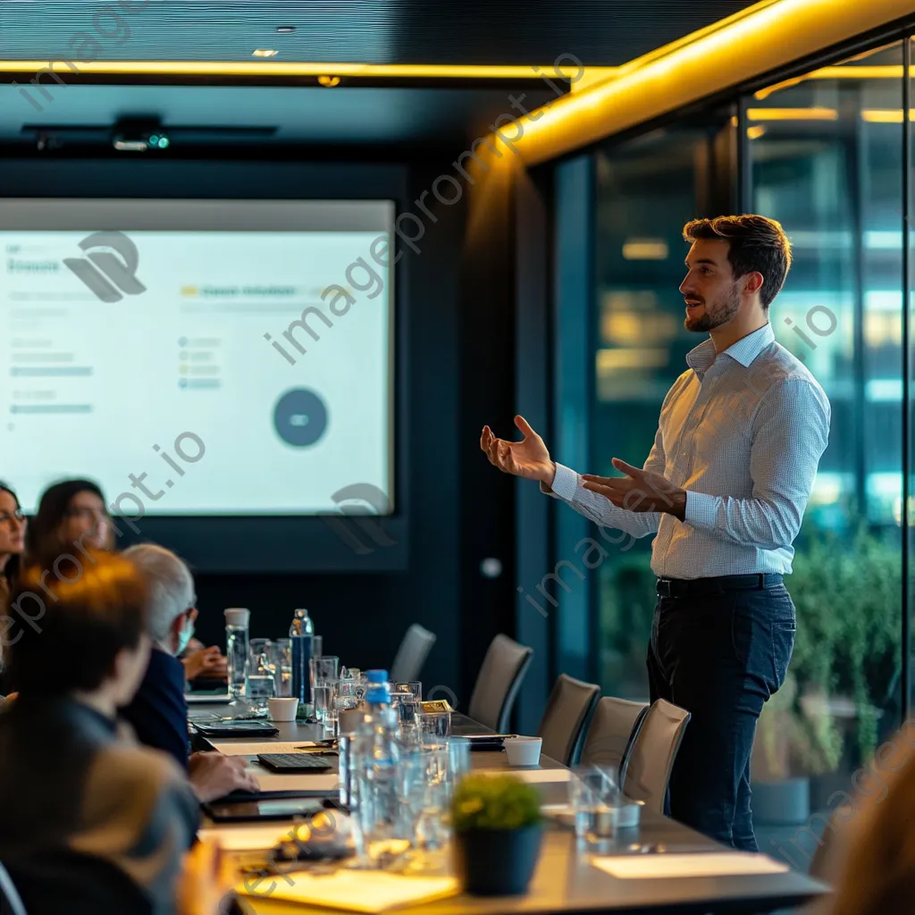 Entrepreneur presenting cryptocurrency options in conference room - Image 4