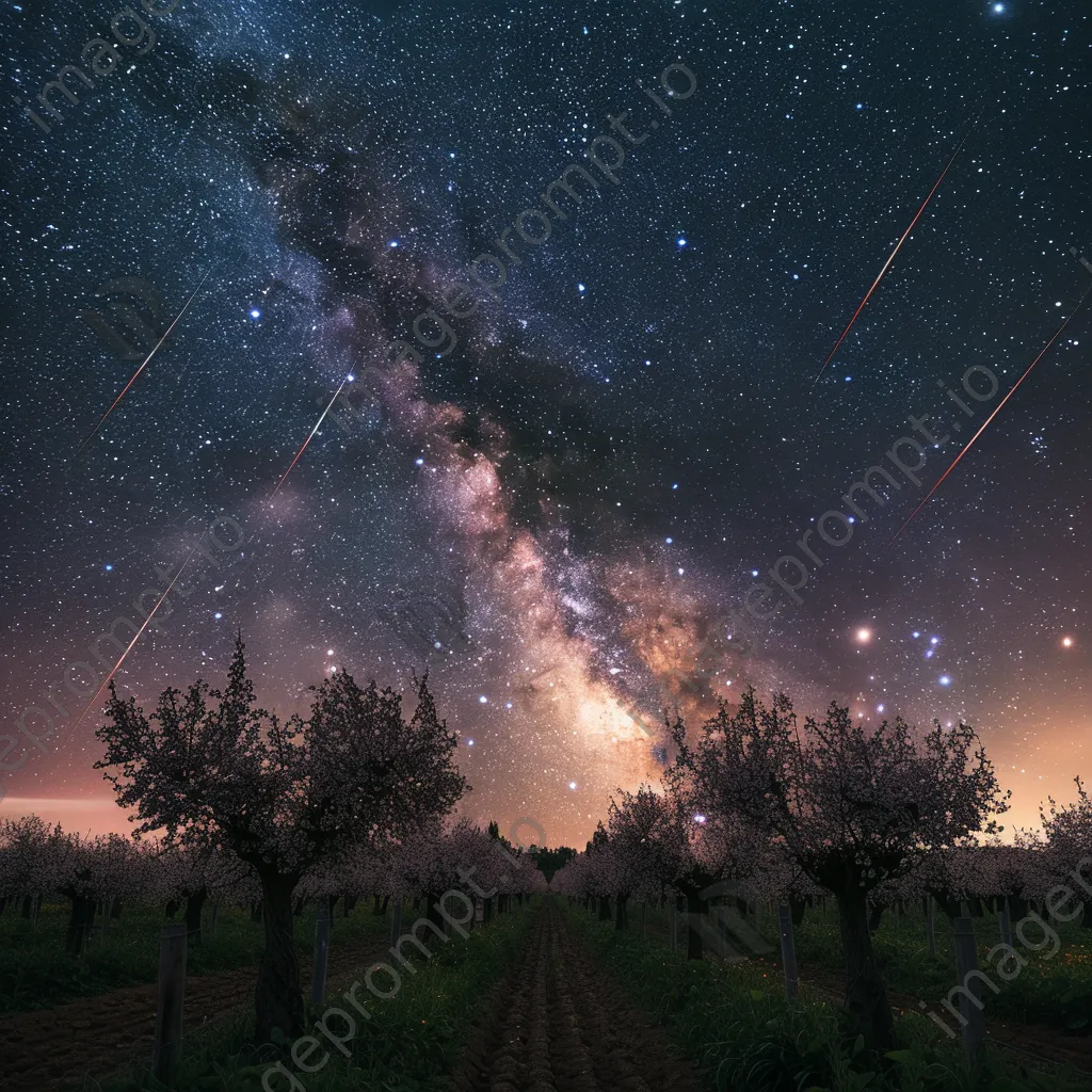 Shooting stars above a blooming orchard at night - Image 1