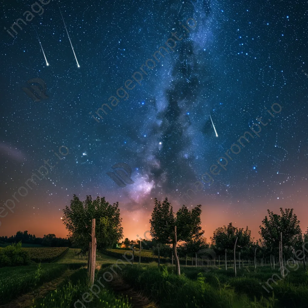 Shooting stars above a blooming orchard at night - Image 2