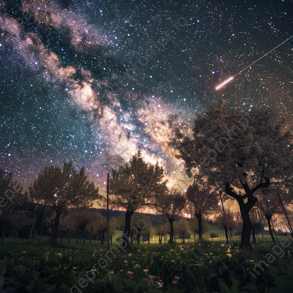 Shooting stars above a blooming orchard at night - Image 3