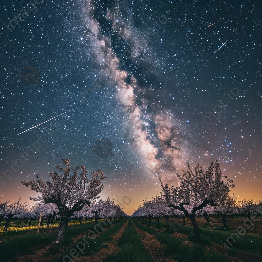 Shooting stars above a blooming orchard at night - Image 4