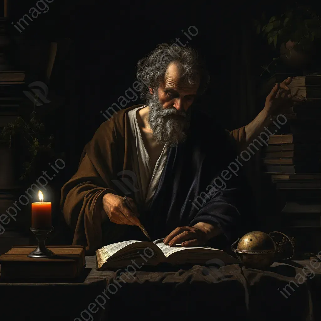 Chiaroscuro painting of a figure in darkness, symbolizing Socratic Ignorance - Image 1