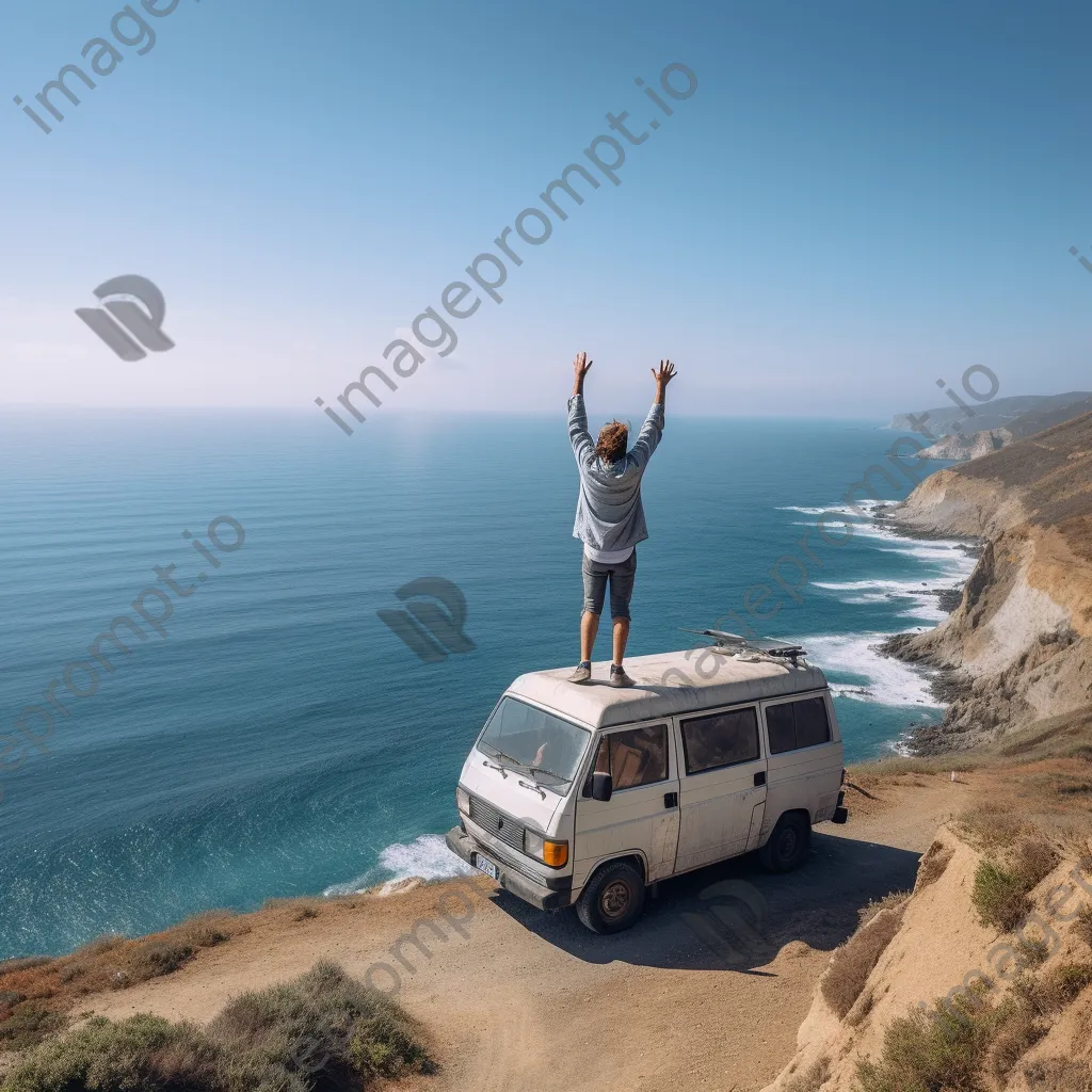 Solo traveler celebrating at a windy cliff with ocean view - Image 1