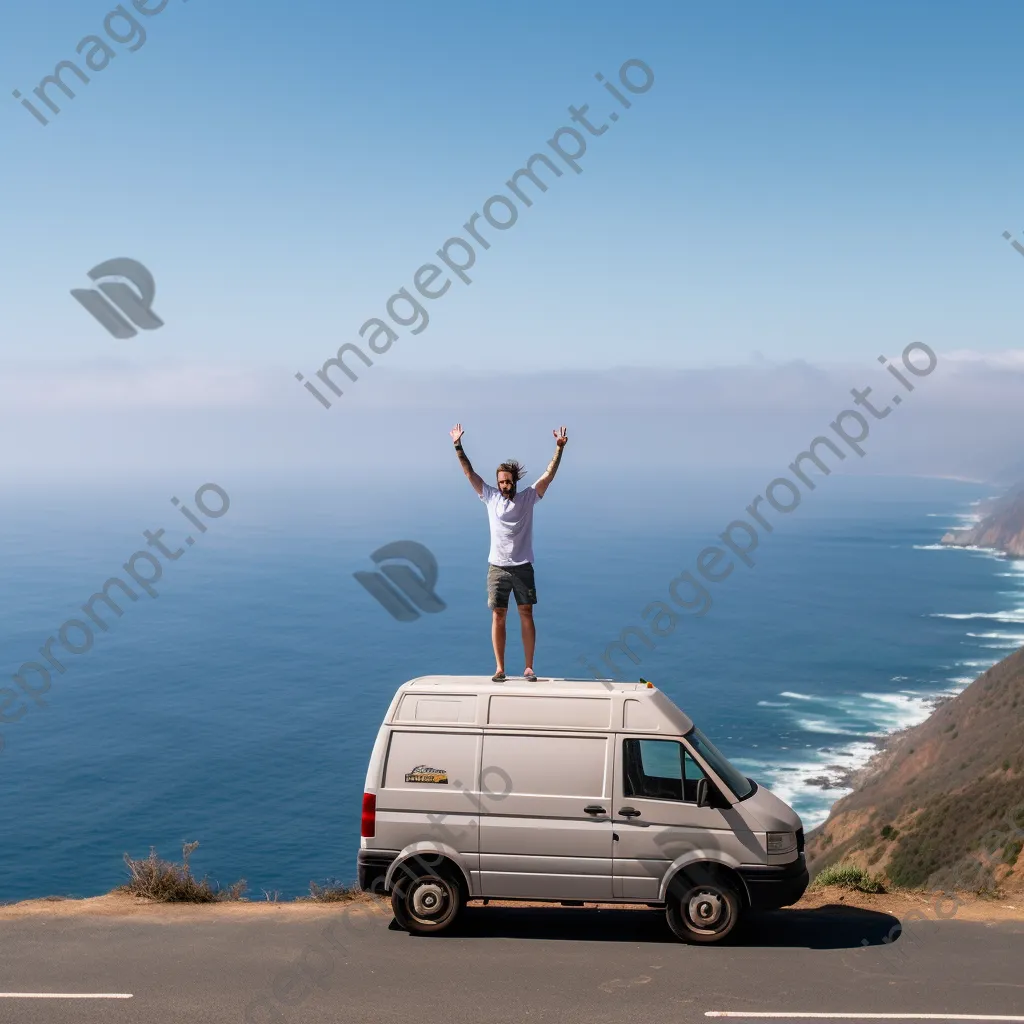 Solo traveler celebrating at a windy cliff with ocean view - Image 2