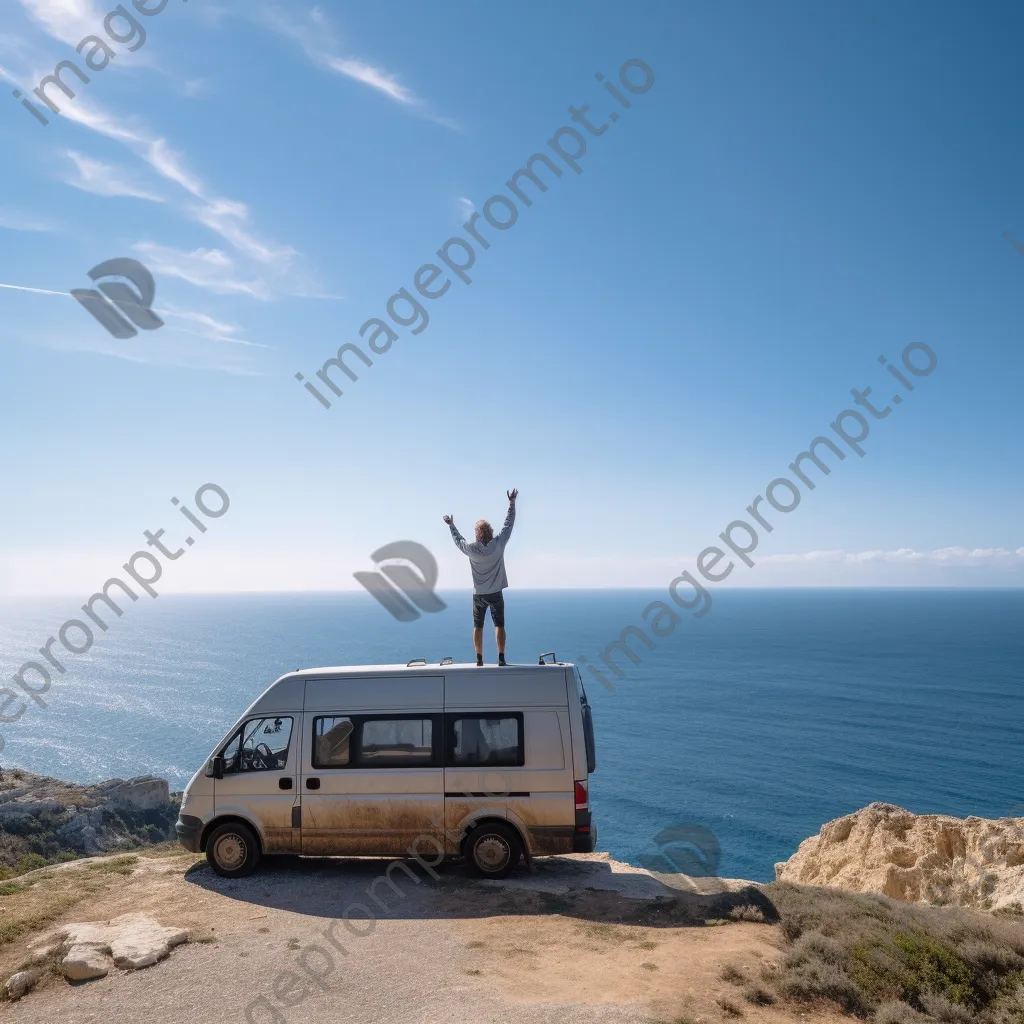 Solo traveler celebrating at a windy cliff with ocean view - Image 3