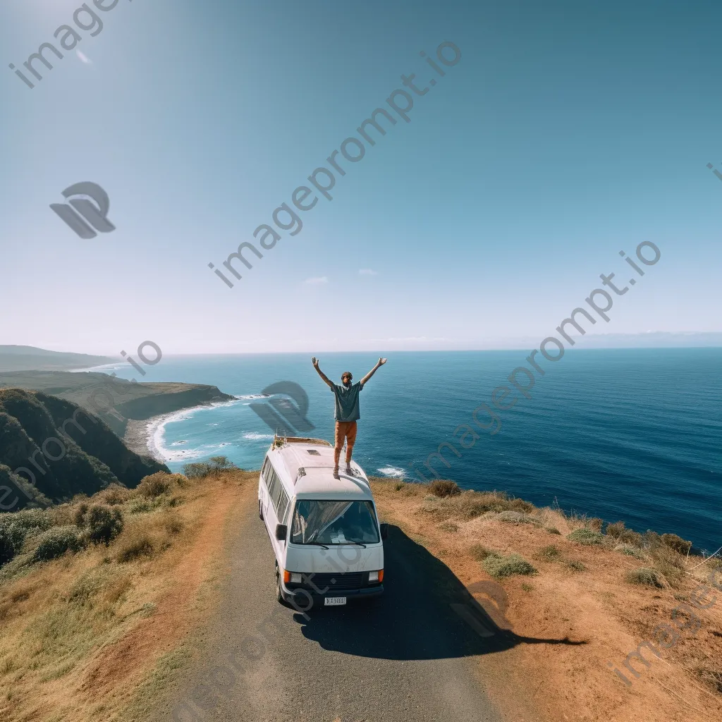 Solo traveler celebrating at a windy cliff with ocean view - Image 4