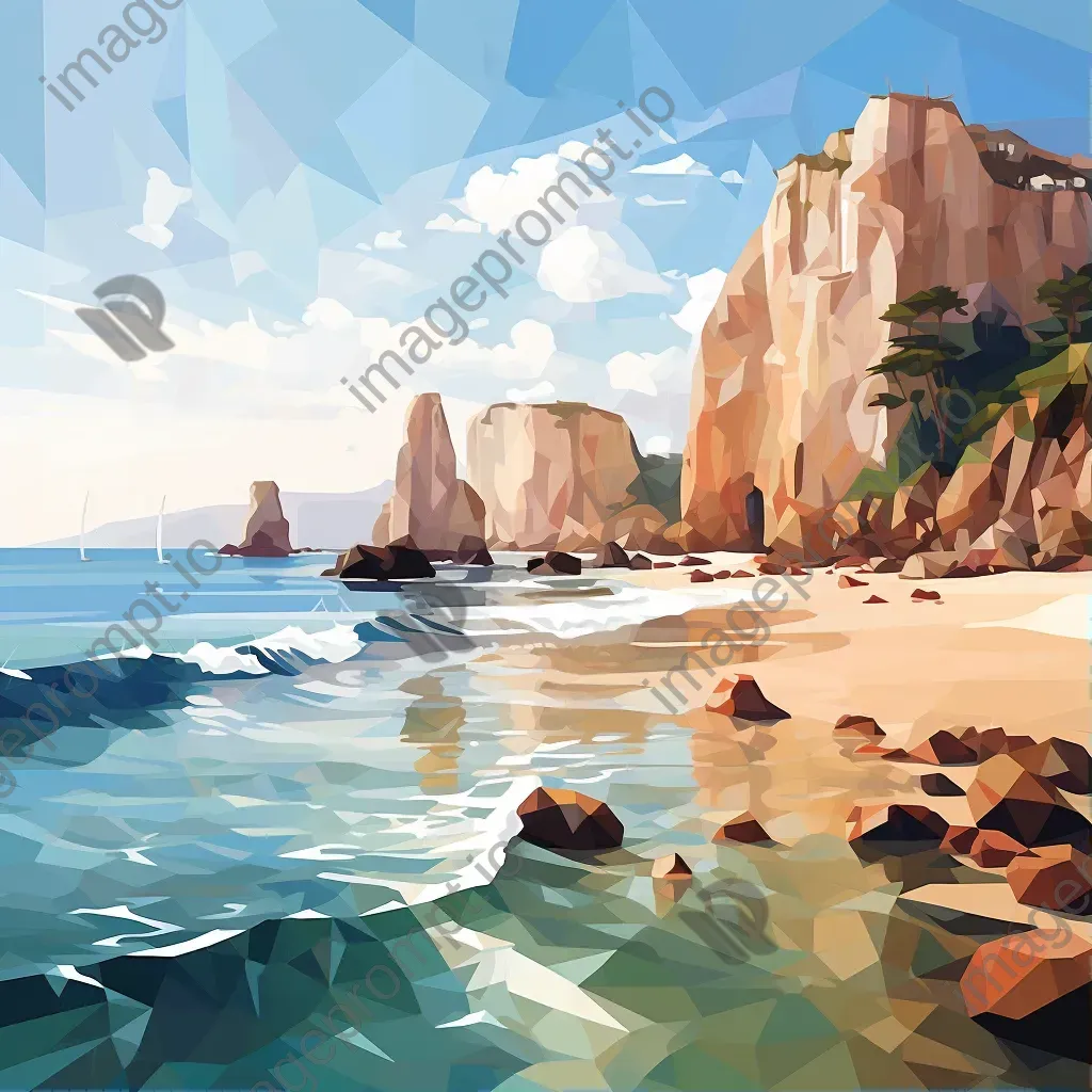 Low poly depiction of a sandy beach, towering cliffs and crashing waves on a Mediterranean coast - Image 1