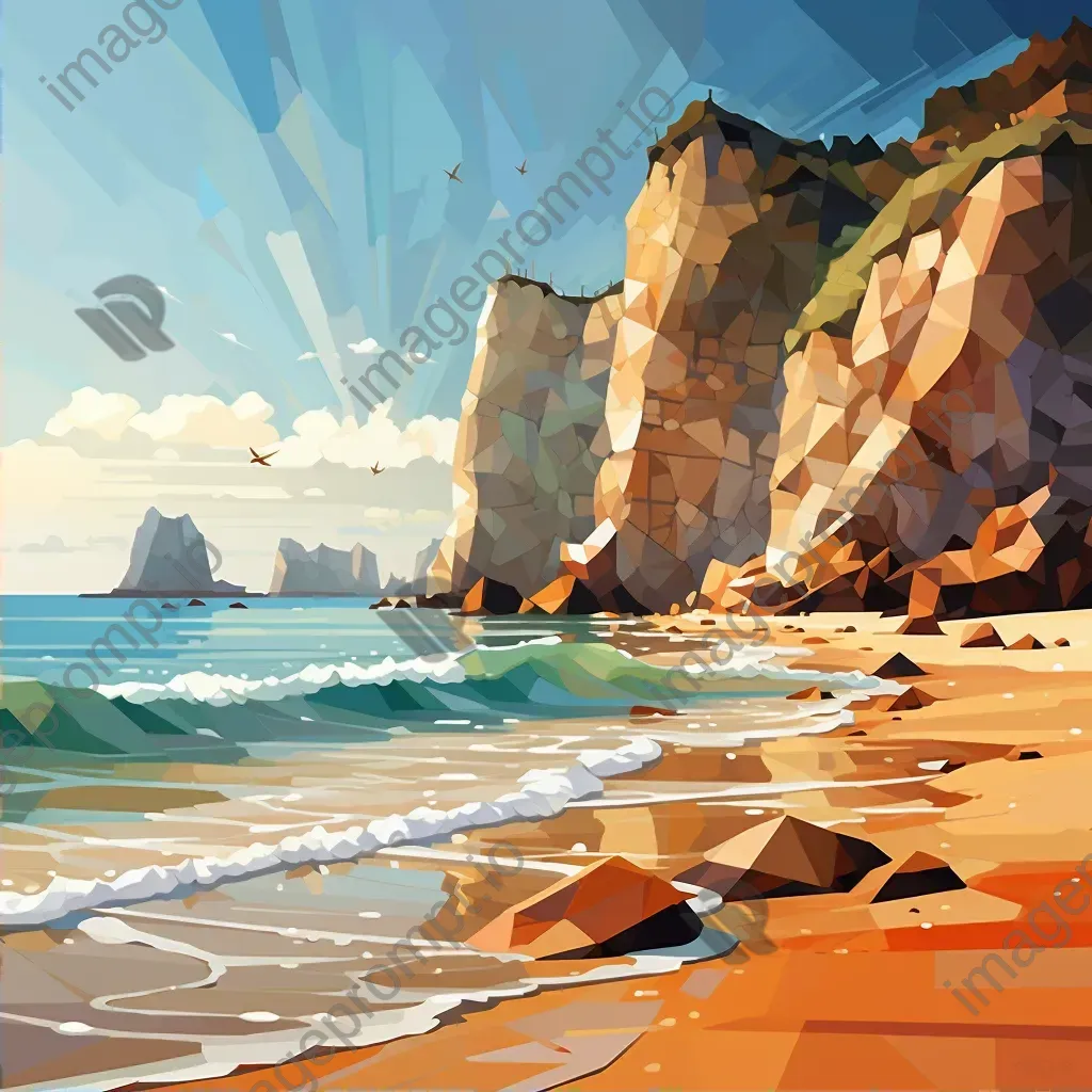 Low poly depiction of a sandy beach, towering cliffs and crashing waves on a Mediterranean coast - Image 2