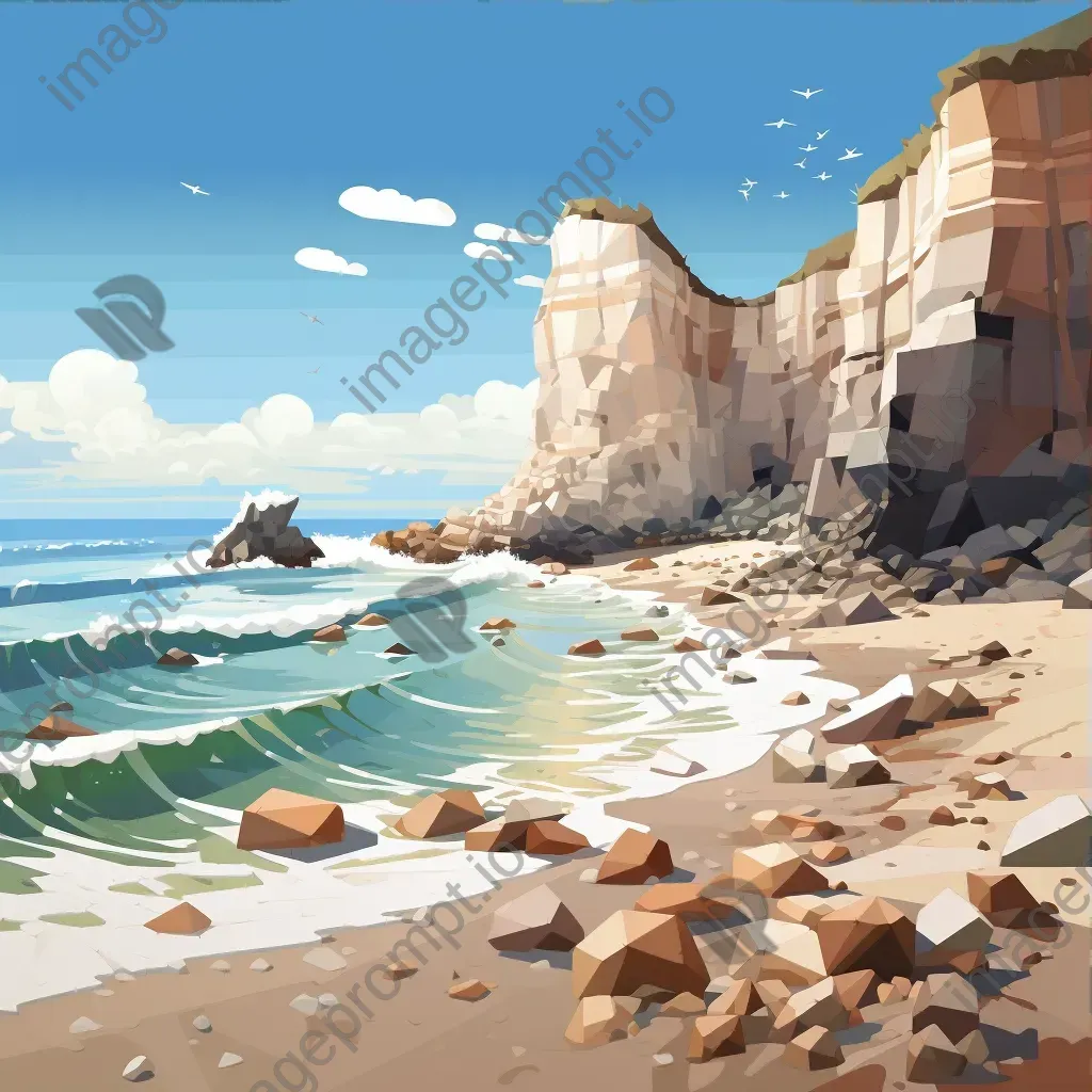 Low poly depiction of a sandy beach, towering cliffs and crashing waves on a Mediterranean coast - Image 3