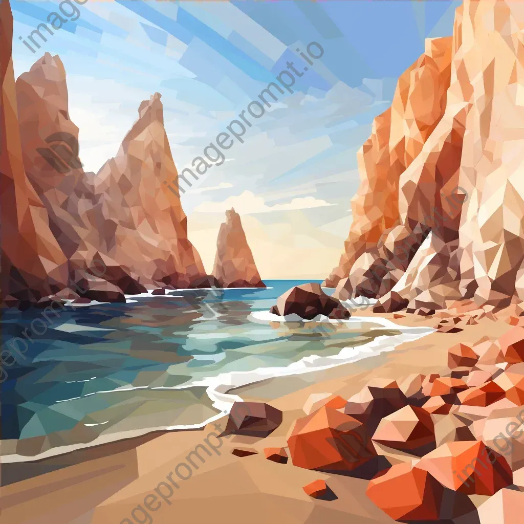 Low poly depiction of a sandy beach, towering cliffs and crashing waves on a Mediterranean coast - Image 4