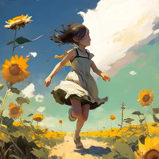 Girl in sundress running through sunflower field under sunny sky - Image 1