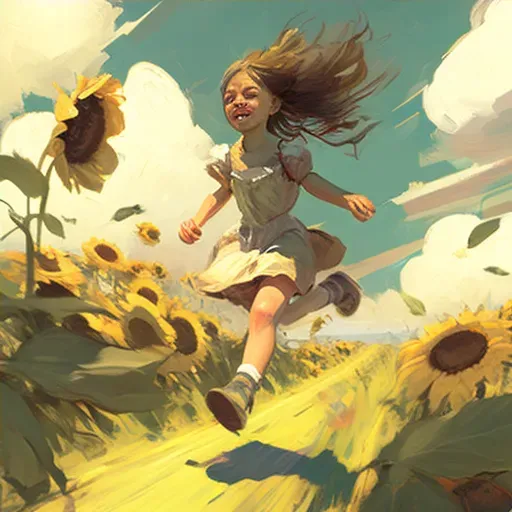 Girl in sundress running through sunflower field under sunny sky - Image 4