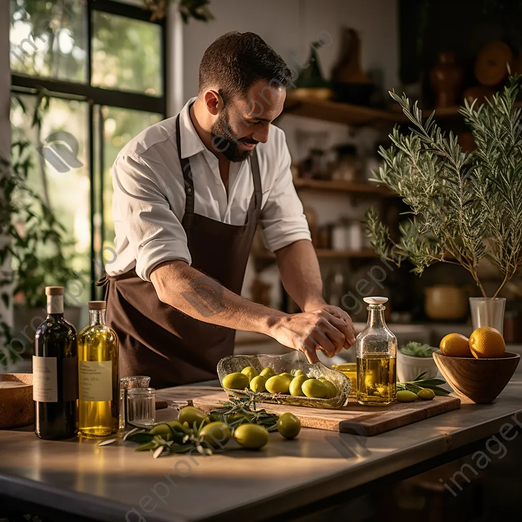 Artisan pouring olive oil into bottles in a cozy kitchen. - Image 1