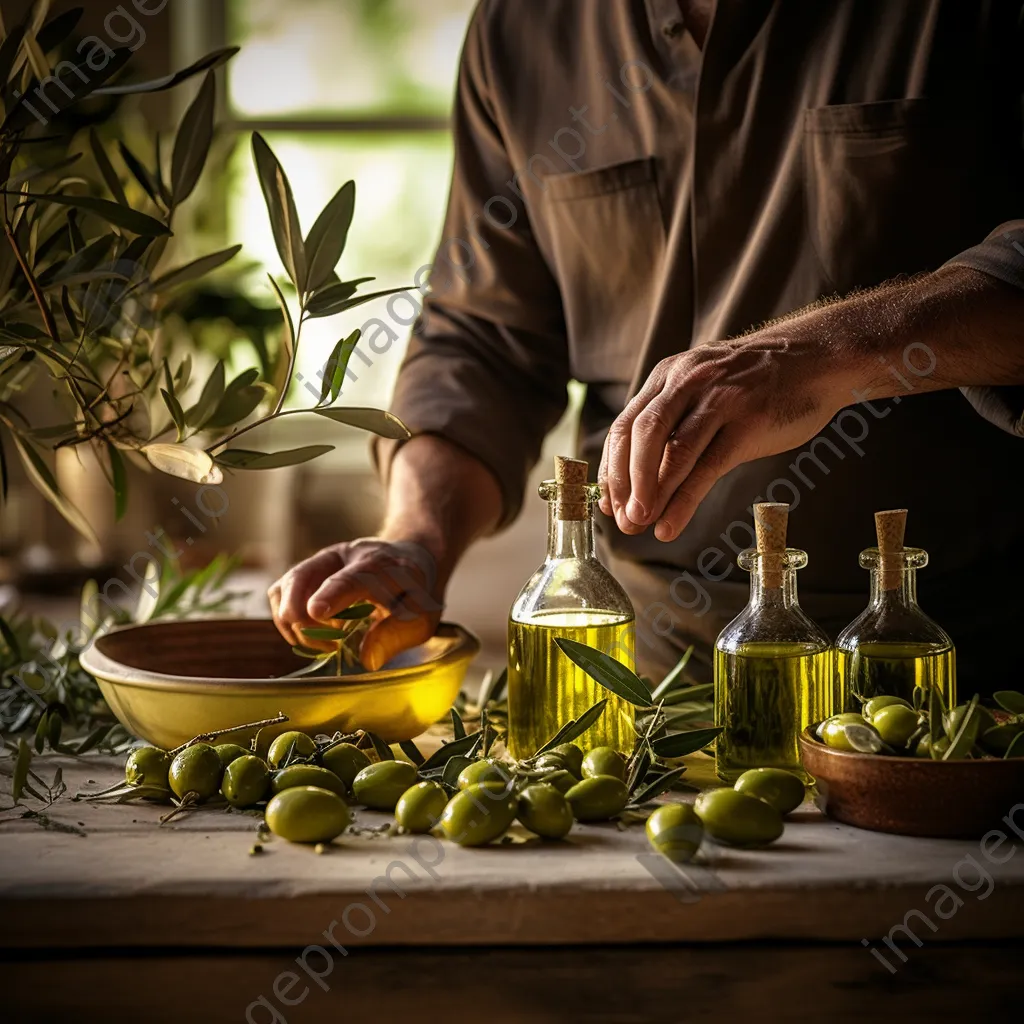 Artisan pouring olive oil into bottles in a cozy kitchen. - Image 2