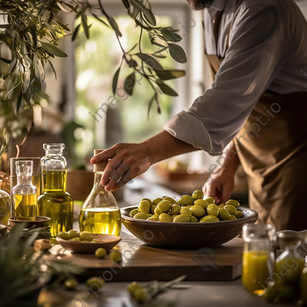 Artisan pouring olive oil into bottles in a cozy kitchen. - Image 3