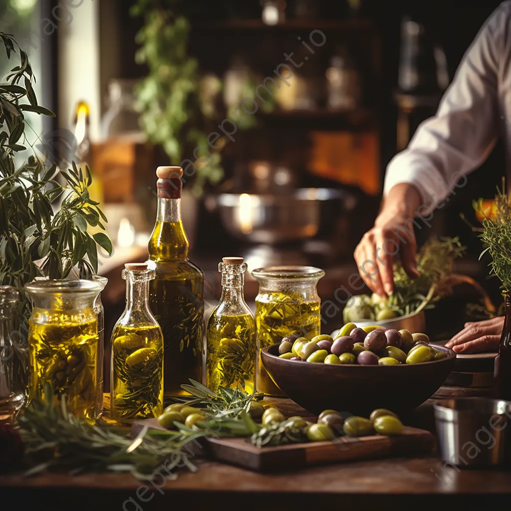 Artisan pouring olive oil into bottles in a cozy kitchen. - Image 4