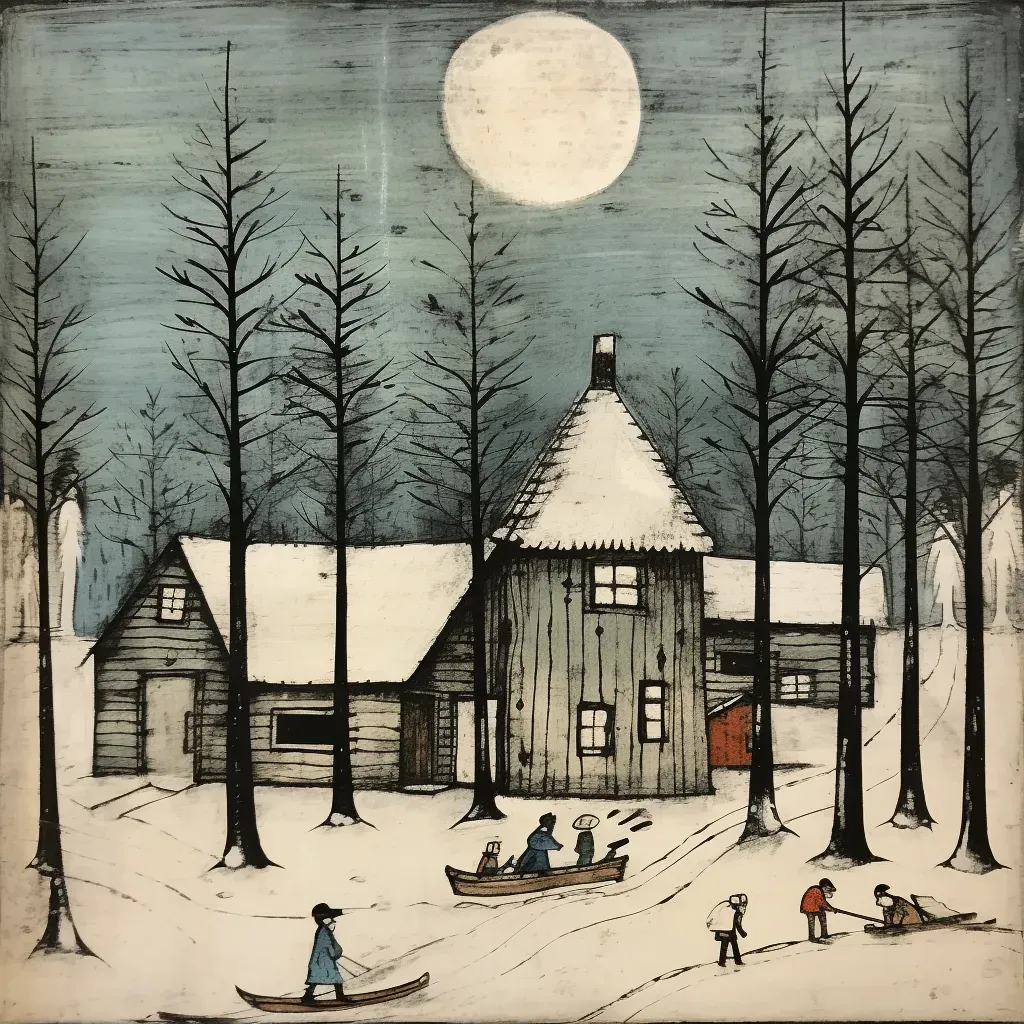 Winter cabin scene with snowman building - Image 1