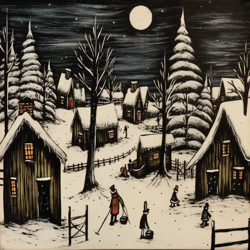 Winter cabin scene with snowman building - Image 2