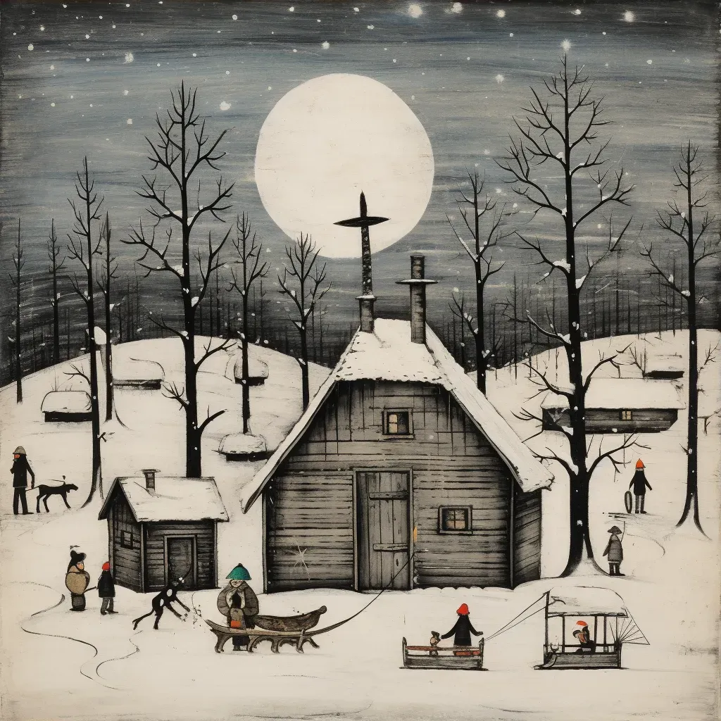 Winter cabin scene with snowman building - Image 3